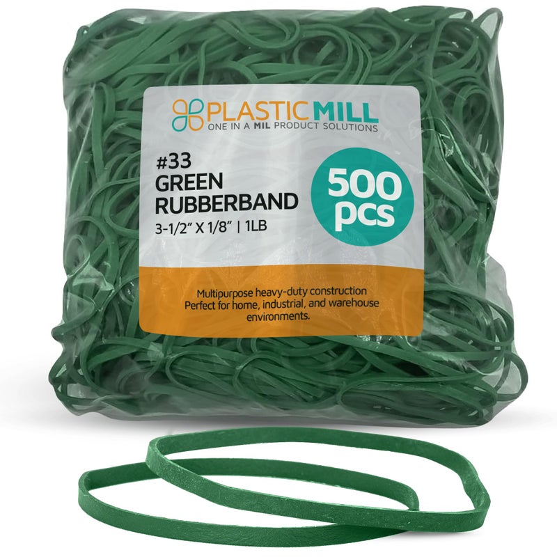 PlasticMill Green Rubber Bands Size 33 (3 1/2" x 1/8") - #33 Colored Rubber Bands Office Supplies - Strong, Elastic Bands for Crafts, Balloon Garland, Cash, File Folders (500-Pack) - Image 1